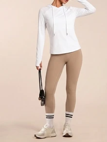 SHEIN Cheerettes Women's Solid White Hooded Pullover Sportswear Long Sleeve Casual Gym Fitness Workout Sweatshirt For Autumn Winter - White - View 5
