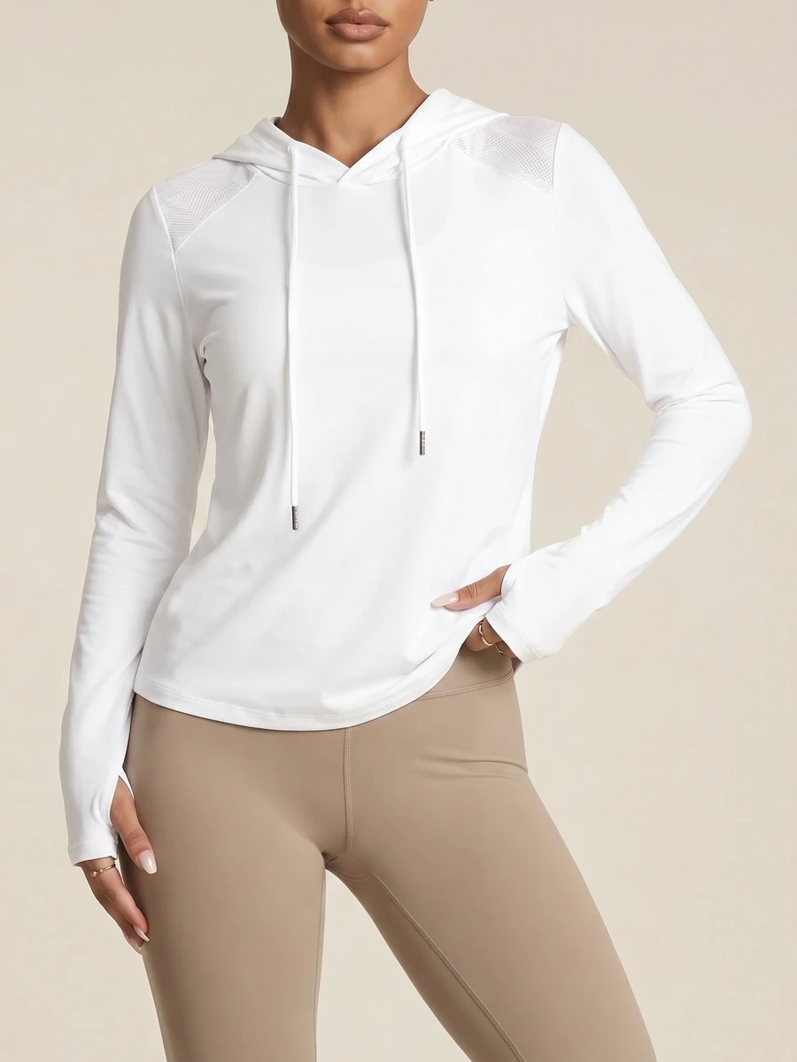 SHEIN Cheerettes Women's Solid White Hooded Pullover Sportswear Long Sleeve Casual Gym Fitness Workout Sweatshirt For Autumn Winter - White - View 1