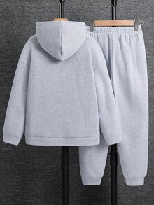 SHEIN 2件組兒童青少年男孩休閒日常百搭舒適字母印花圖案連帽衫寬鬆套頭長袖運動衫與慢跑運動長褲針織運動套裝，適合日常穿著、上學、旅行、運動，秋冬季節 - 灰色 - 查看 4