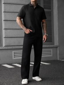 Manfinity CasualCool 男士純色短袖單排扣襯衫，街頭休閒風，夏季款 - 黑色 - 查看 4
