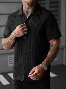 Manfinity CasualCool 男士純色短袖單排扣襯衫，街頭休閒風，夏季款 - 黑色 - 查看 5