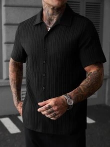 Manfinity CasualCool 男士純色短袖單排扣襯衫，街頭休閒風，夏季款 - 黑色 - 查看 6