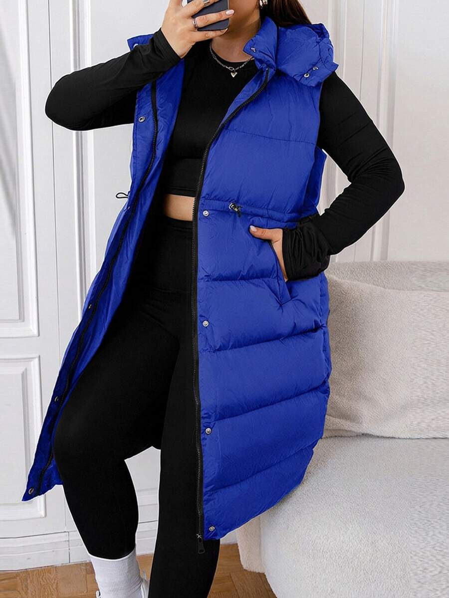 SHEIN Cottnline Plus Size Long Hooded Black Winter Vest Jacket - Royal Blue - View 1