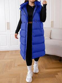 SHEIN Cottnline Plus Size Long Hooded Black Winter Vest Jacket - Royal Blue - View 5
