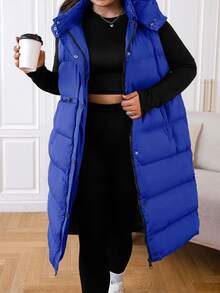SHEIN Cottnline Plus Size Long Hooded Black Winter Vest Jacket - Royal Blue - View 4