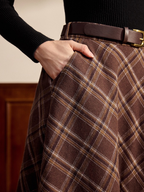 Vintamour Elegant Women's High Waist Brown Plaid Skirt With Pockets, Casual A-Line Long Flare Skirt, Suitable For Winter Office, Christmas, Back To School And Other Occasions, Autumn Clothing