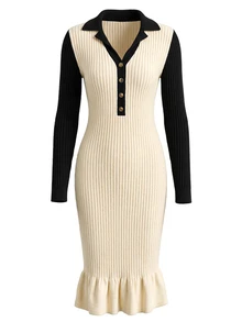 Balvessa Contrast Color Lapel Half-Open V-Neck Single-Breasted Beige Long Sleeve Bodycon Fishtail Hem Classy Women's Sweater Dress Office Autumn - Multicolor - View 4