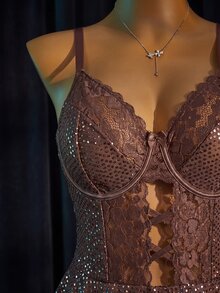 MidnightGlam 大尺碼亮片蕾絲拼接束腰修身吊帶洋裝 3件組 - 咖啡棕 - 查看 7
