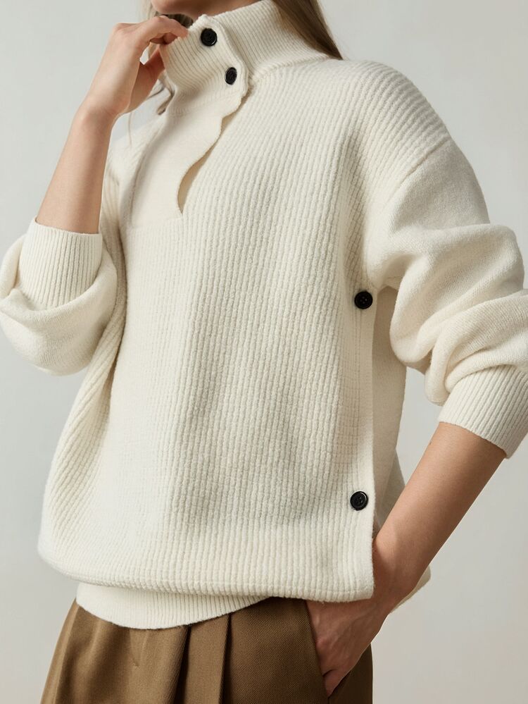 Dazy-Less Women's Solid Color Drop Shoulder Long Sleeve Turtleneck Casual Versatile Sweater Fall - White - View 5
