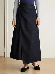 Dazy-Less Women's Asymmetric Placket Casual Commute Denim Skirt Fall - Dark Wash - View 4
