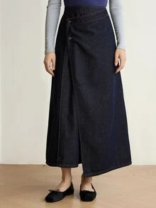 Dazy-Less Women's Asymmetric Placket Casual Commute Denim Skirt Fall - Dark Wash - View 3