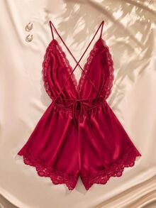 EasyFave Contrast Lace Criss Cross Backless Satin Cami Romper Bridallingerie - Red - View 2
