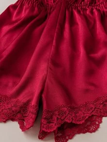 EasyFave Contrast Lace Criss Cross Backless Satin Cami Romper Bridallingerie - Red - View 4