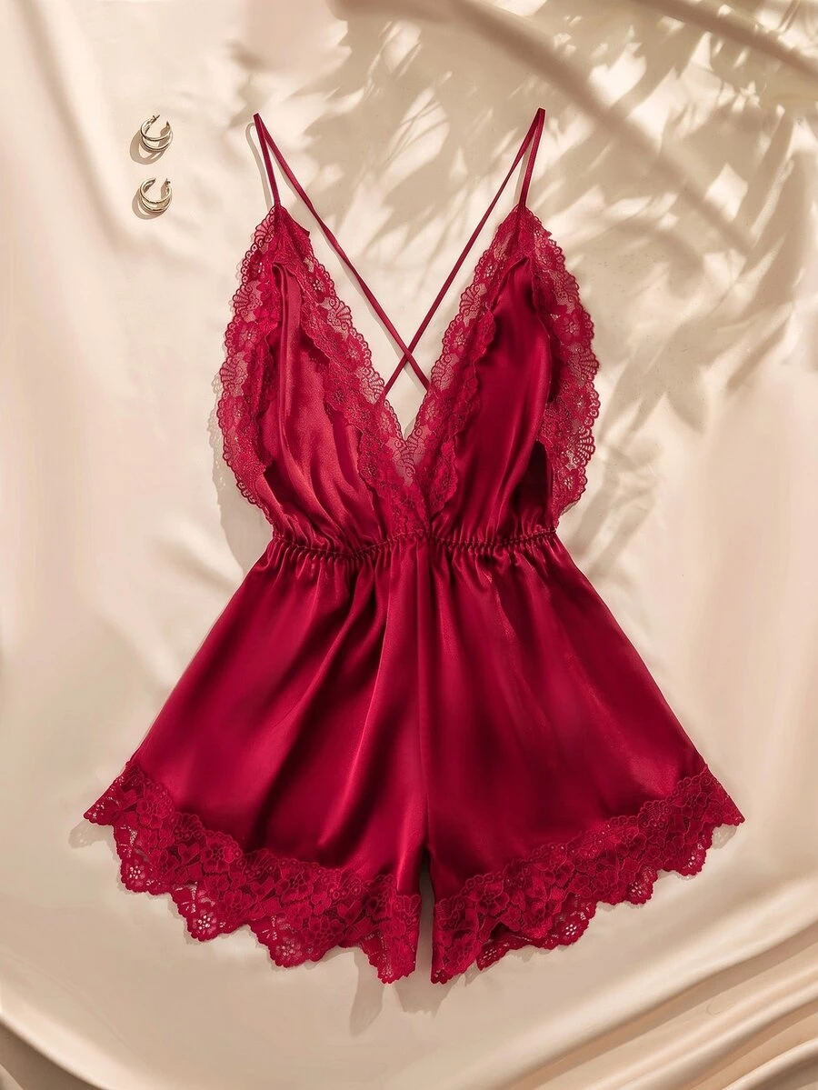 EasyFave Contrast Lace Criss Cross Backless Satin Cami Romper Bridallingerie - Red - View 1