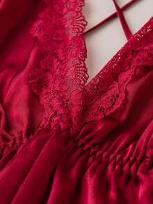 EasyFave Contrast Lace Criss Cross Backless Satin Cami Romper Bridallingerie - Red - View 5