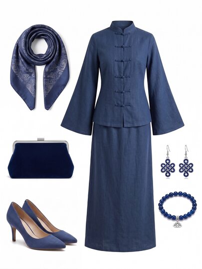 Yasmyna Conjunto de 2 piezas para mujer en azul bebé, estilo chino, con cuello alto, botones de rana, manga larga, cárdigan largo holgado y falda línea A, formal para bautizo e invitada de invierno