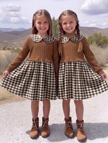 SHEIN Elladie kids 女童針織格紋層次洋裝，優雅時尚波希米亞風，秋季新款，適合上學與度假，卡其色拼接格紋洋裝 - 棕色 - 查看 5
