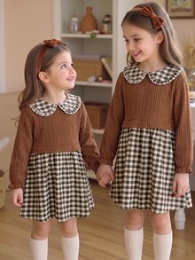SHEIN Elladie kids 女童針織格紋層次洋裝，優雅時尚波希米亞風，秋季新款，適合上學與度假，卡其色拼接格紋洋裝 - 棕色 - 查看 4
