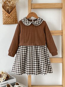 SHEIN Elladie kids 女童針織格紋層次洋裝，優雅時尚波希米亞風，秋季新款，適合上學與度假，卡其色拼接格紋洋裝 - 棕色 - 查看 7