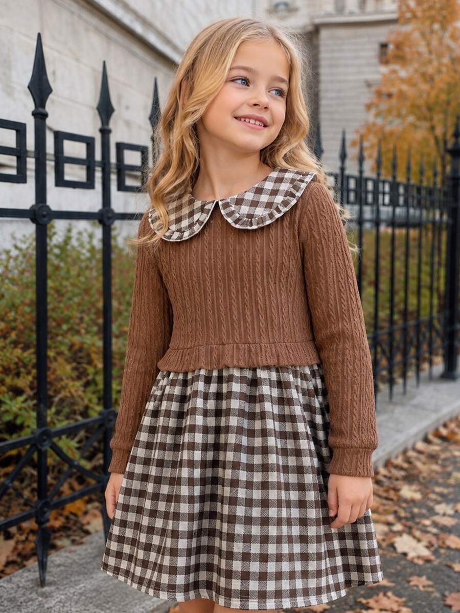 SHEIN Elladie kids 女童針織格紋層次洋裝,優雅時尚波希米亞風,秋季新款,適合上學與度假,卡其色拼接格紋洋裝 - 棕色 - 查看 1