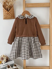 SHEIN Elladie kids 女童針織格紋層次洋裝，優雅時尚波希米亞風，秋季新款，適合上學與度假，卡其色拼接格紋洋裝 - 棕色 - 查看 2