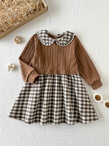 SHEIN Elladie kids 女童針織格紋層次洋裝，優雅時尚波希米亞風，秋季新款，適合上學與度假，卡其色拼接格紋洋裝 - 棕色 - 查看 6