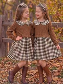 SHEIN Elladie kids 女童針織格紋層次洋裝，優雅時尚波希米亞風，秋季新款，適合上學與度假，卡其色拼接格紋洋裝 - 棕色 - 查看 3