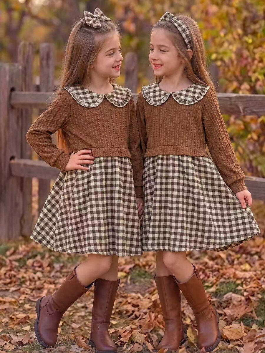 SHEIN Elladie kids 女童針織格紋層次洋裝,優雅時尚波希米亞風,秋季新款,適合上學與度假,卡其色拼接格紋洋裝 - 棕色 - 查看 1