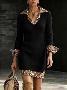 Omancia Gaun Sweater Rajut Patchwork Motif Hitam Leher V untuk Makan Malam Musim Gugur yang Elegan - Hitam - View 4