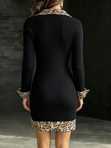 Omancia Gaun Sweater Rajut Patchwork Motif Hitam Leher V untuk Makan Malam Musim Gugur yang Elegan - Hitam - View 2