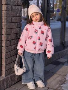 Elladie kids 1件女嬰甜美可愛草莓拉鍊立領加厚抓絨外套，適合春秋冬季日常休閒外出 - 粉色 - 查看 3