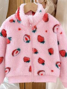 Elladie kids 1件女嬰甜美可愛草莓拉鍊立領加厚抓絨外套，適合春秋冬季日常休閒外出 - 粉色 - 查看 5