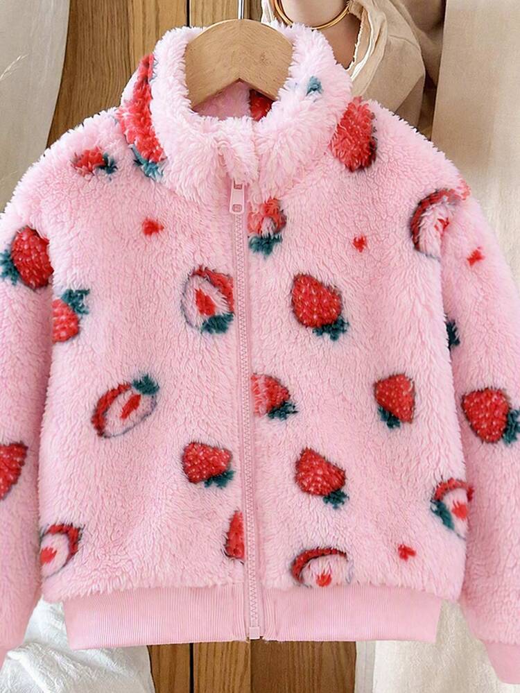 Elladie kids 1pc Baby Girl Sweet Cute Strawberry Zipper Stand Collar Fleece Thick Jacket, Suitable For Daily Casual Outings In Spring, Autumn And Winter, School - Pink - View 5