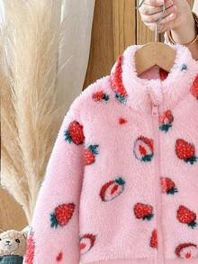 Elladie kids 1件女嬰甜美可愛草莓拉鍊立領加厚抓絨外套，適合春秋冬季日常休閒外出 - 粉色 - 查看 6