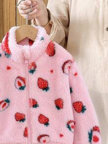 Elladie kids 1件女嬰甜美可愛草莓拉鍊立領加厚抓絨外套，適合春秋冬季日常休閒外出 - 粉色 - 查看 7