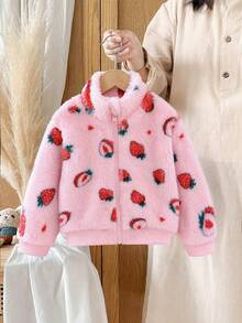 Elladie kids 1件女嬰甜美可愛草莓拉鍊立領加厚抓絨外套，適合春秋冬季日常休閒外出 - 粉色 - 查看 4
