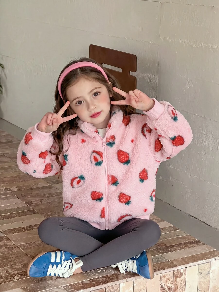 Elladie kids 1件女嬰甜美可愛草莓拉鍊立領加厚抓絨外套,適合春秋冬季日常休閒外出 - 粉色 - 查看 1