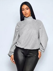 SOLERSUN Women Heather Gray Funnel Neck Sweatshirt, Ruched Raglan Sleeve Drawstring Hem Long Sleeve Relaxed Fit Athleisure Pullover - Grey - View 8