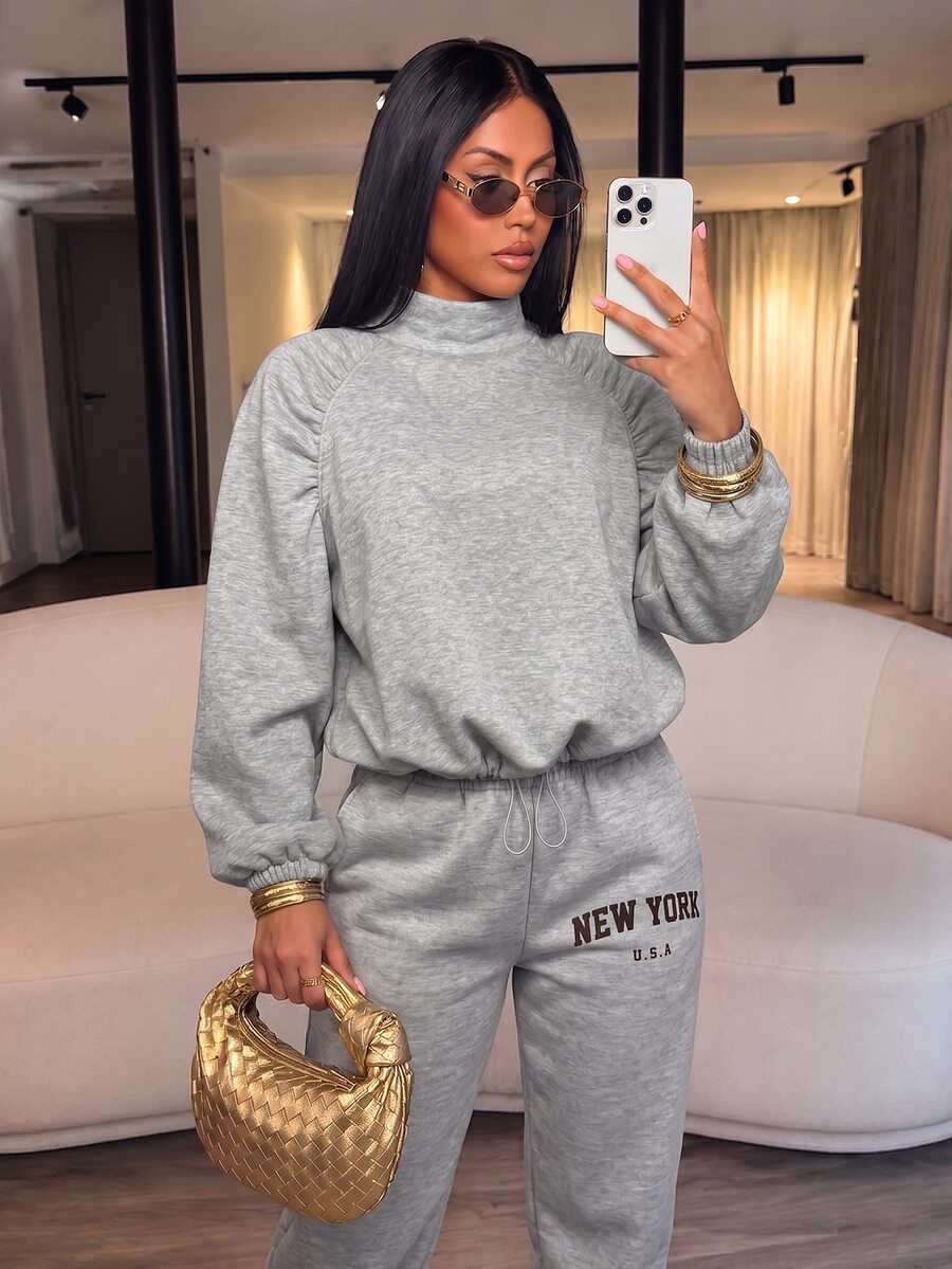 SOLERSUN Women Heather Gray Funnel Neck Sweatshirt, Ruched Raglan Sleeve Drawstring Hem Long Sleeve Relaxed Fit Athleisure Pullover