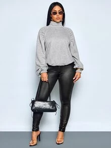 SOLERSUN Women Heather Gray Funnel Neck Sweatshirt, Ruched Raglan Sleeve Drawstring Hem Long Sleeve Relaxed Fit Athleisure Pullover - Grey - View 9