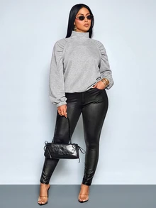 SOLERSUN Women Heather Gray Funnel Neck Sweatshirt, Ruched Raglan Sleeve Drawstring Hem Long Sleeve Relaxed Fit Athleisure Pullover - Grey - View 6