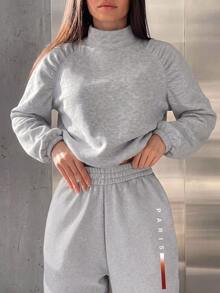 SOLERSUN Women Heather Gray Funnel Neck Sweatshirt, Ruched Raglan Sleeve Drawstring Hem Long Sleeve Relaxed Fit Athleisure Pullover - Grey - View 4