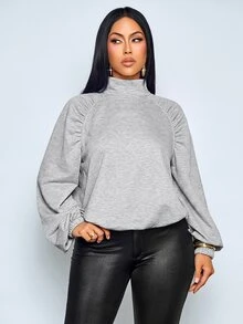 SOLERSUN Women Heather Gray Funnel Neck Sweatshirt, Ruched Raglan Sleeve Drawstring Hem Long Sleeve Relaxed Fit Athleisure Pullover - Grey - View 7