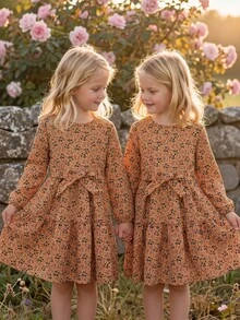 SHEIN Elladie kids 女童春秋感恩節棕色田園風仙女公主薄款編織洋裝，植物碎花圓領燈籠長袖秋季款 - 黃色 - 查看 4