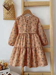SHEIN Elladie kids 女童春秋感恩節棕色田園風仙女公主薄款編織洋裝，植物碎花圓領燈籠長袖秋季款 - 黃色 - 查看 2