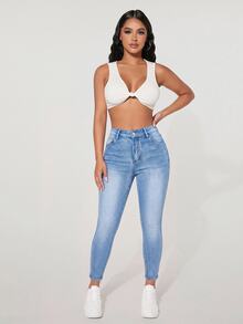 SHEIN PETITE Women's Casual Versatile Daily Travel Denim Jeans With Pockets And Buttons - Blue - View 9
