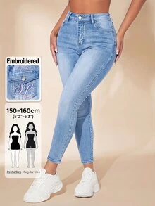 SHEIN PETITE Women's Casual Versatile Daily Travel Denim Jeans With Pockets And Buttons - Blue - View 2