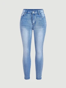 SHEIN PETITE Women's Casual Versatile Daily Travel Denim Jeans With Pockets And Buttons - Blue - View 3