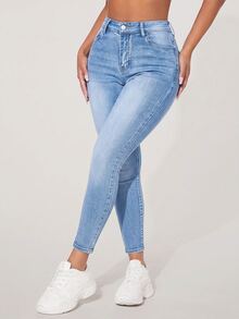SHEIN PETITE Women's Casual Versatile Daily Travel Denim Jeans With Pockets And Buttons - Blue - View 11