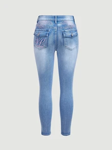 SHEIN PETITE Women's Casual Versatile Daily Travel Denim Jeans With Pockets And Buttons - Blue - View 4